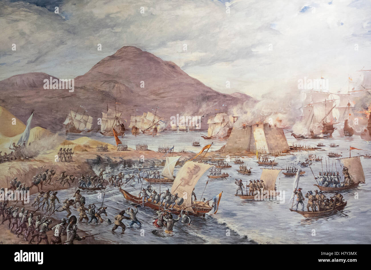 Tableau représentant les Néerlandais ( dirigé par Pieter van der Does, un amiral hollandais) s'attaquer à Las Palmas de Gran Canaria en 1599. Banque D'Images