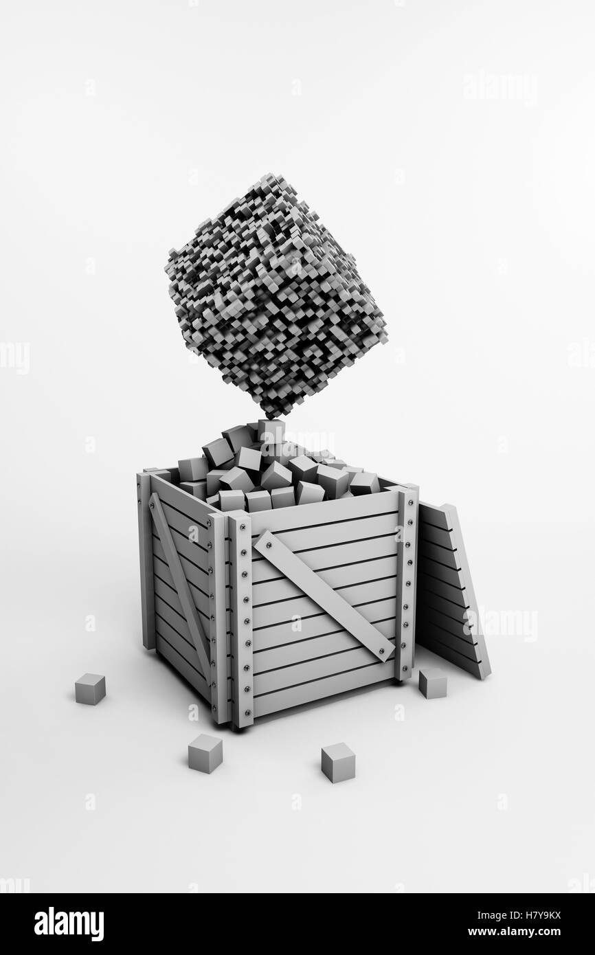 Cube fracturé en équilibre sur le haut de petits cubes Banque D'Images