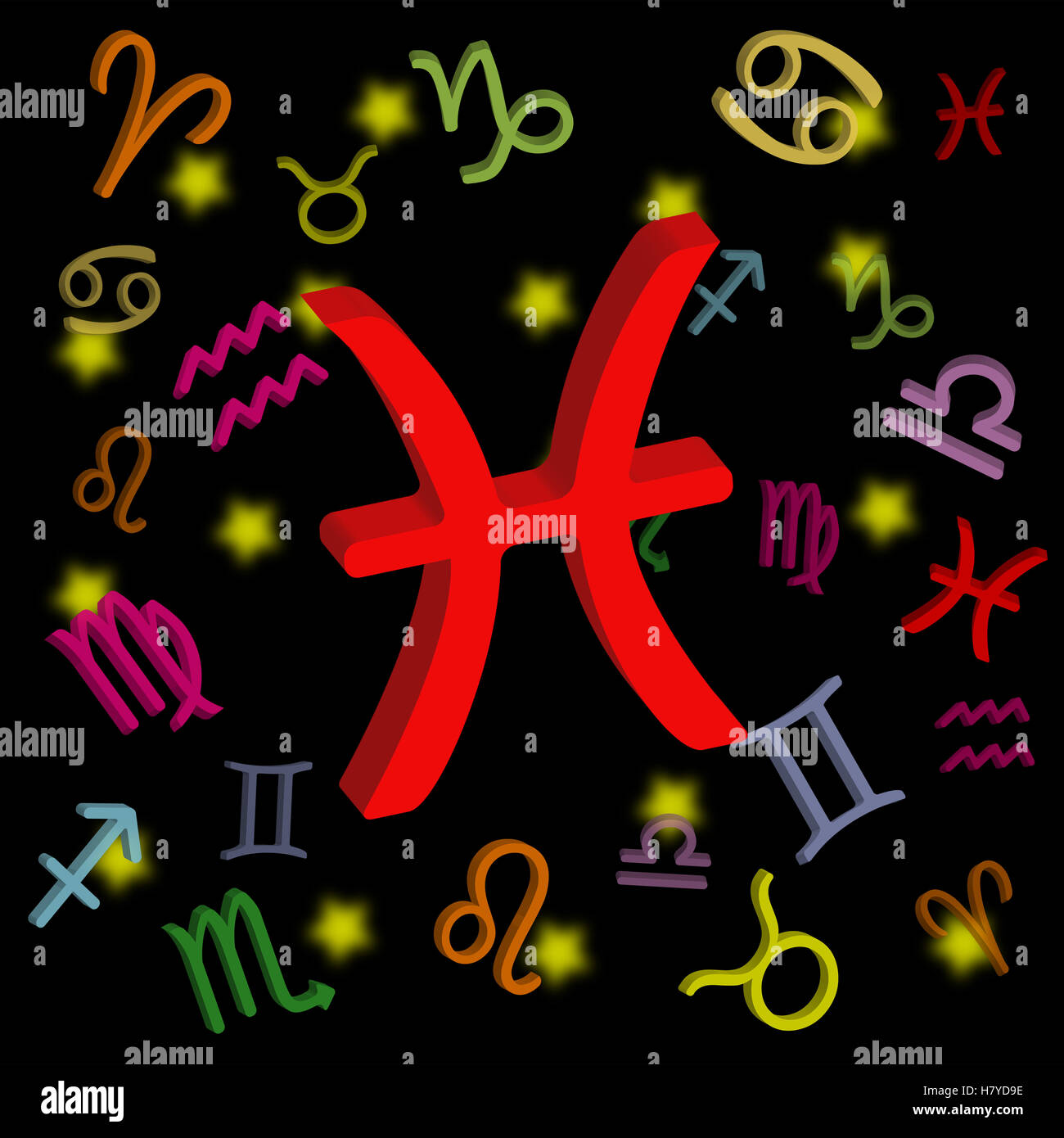 Poissons signe du zodiaque avec symboles astrologiques sur fond sombre idéal pour les amateurs d'astrologie, les amateurs d'horoscope et les conceptions sur le thème du zodiaque Banque D'Images
