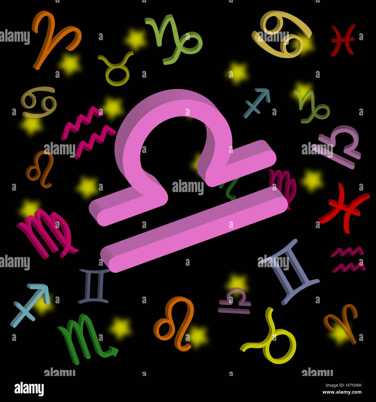 Libra Zodiaque signe avec symboles astrologiques sur fond sombre parfait pour les amateurs d'astrologie, les lecteurs d'horoscope et les conceptions sur le thème du zodiaque. Banque D'Images