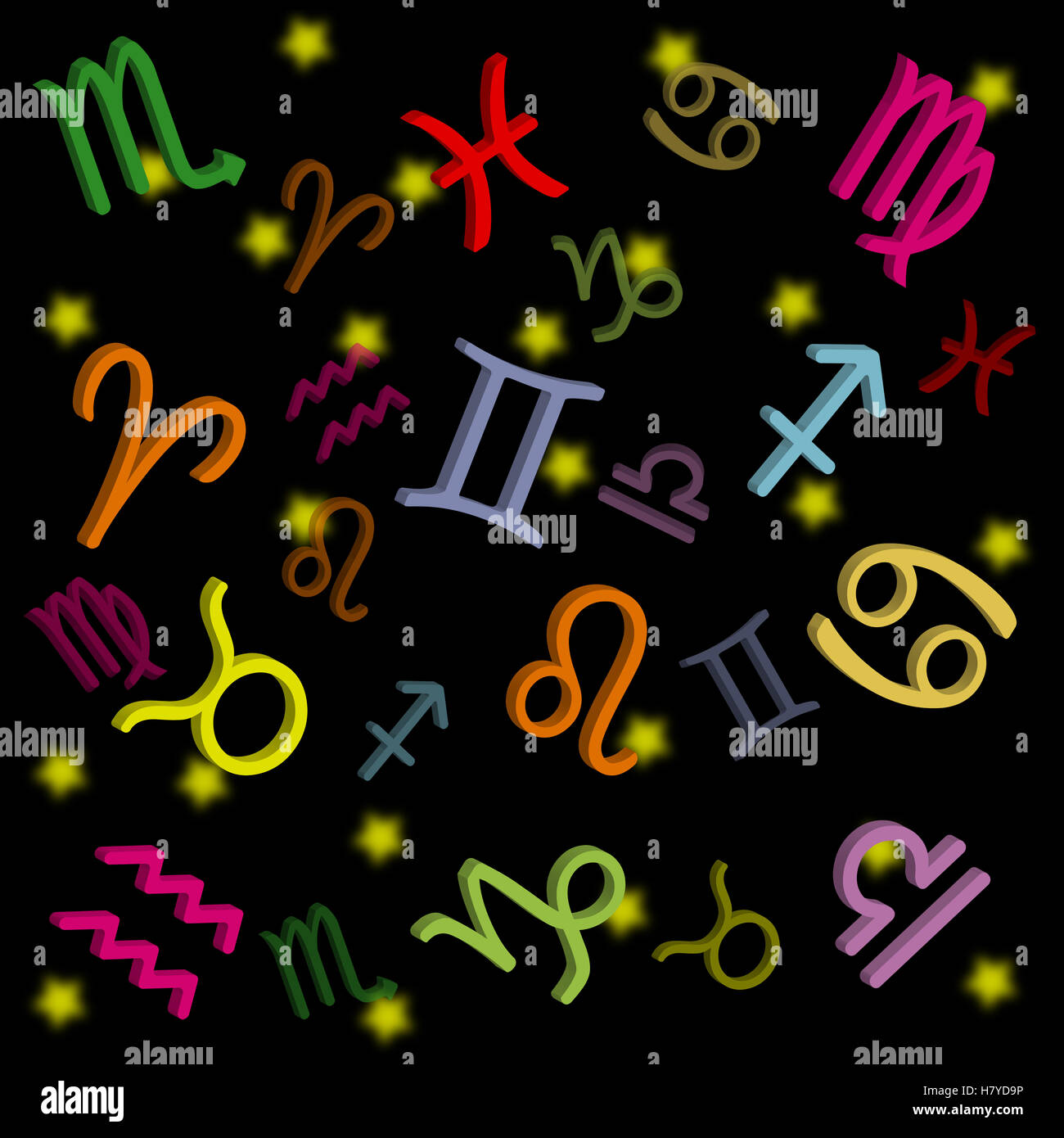 Signes colorés du zodiaque néon sur fond noir – symbolisme astrologique symbolisant l'astrologie, les horoscopes et le mysticisme céleste Banque D'Images