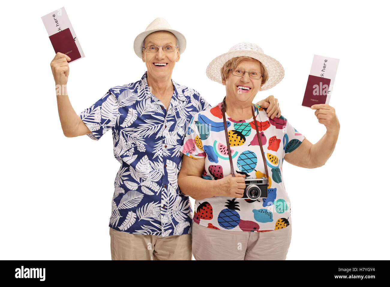 Mature joyeux touristes de nationalités isolé sur fond blanc Banque D'Images