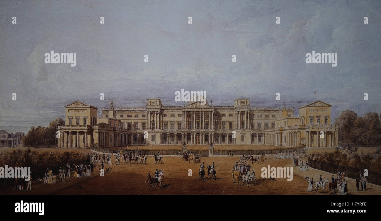 United Kingdom. Londres. Le palais de Buckingham. Gravure par Augustus Charles Pugin, 1827. La couleur. Banque D'Images
