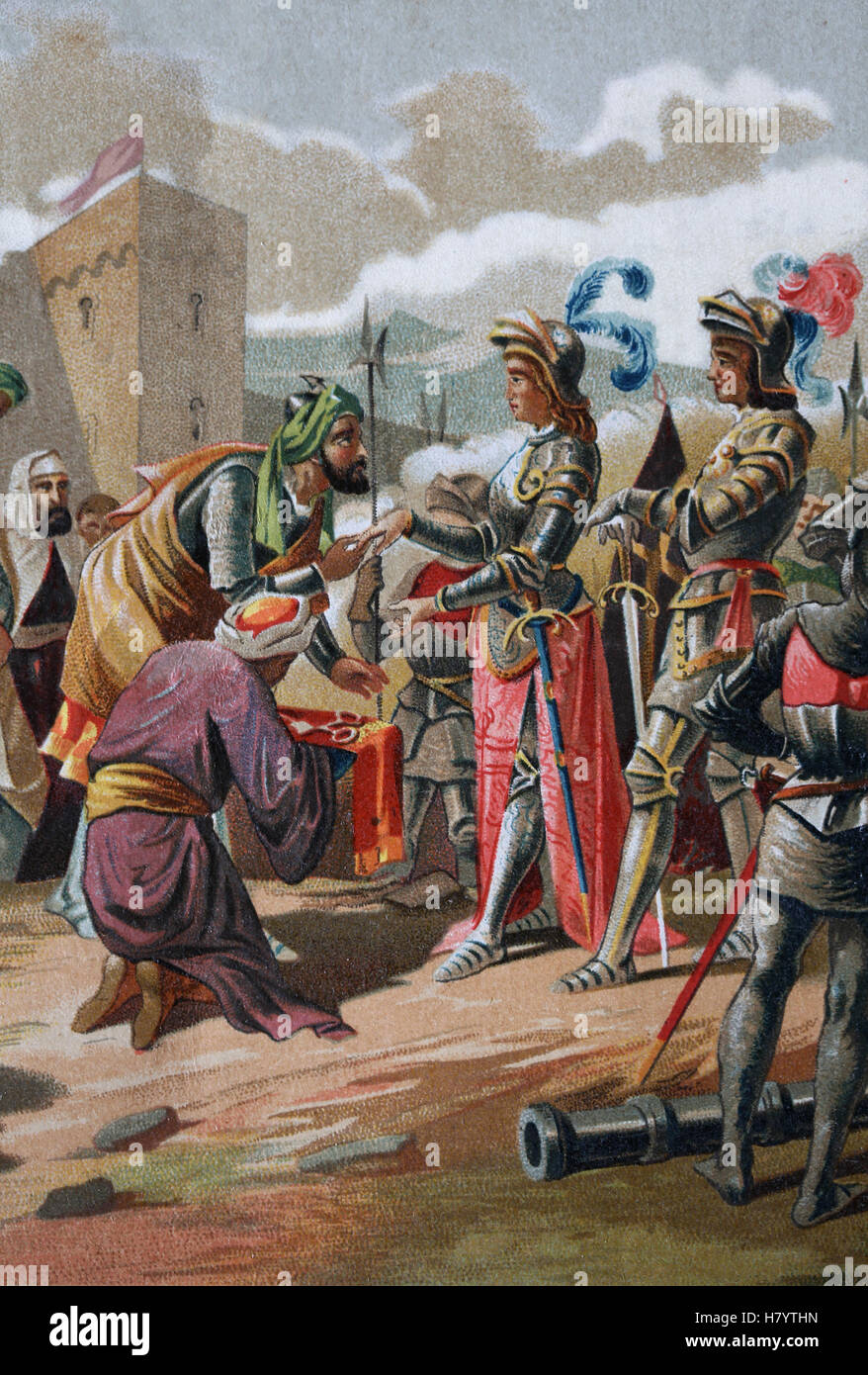 Péninsule ibérique Reconquista. La guerre de Grenade. Abandon de Grenade, 1492. Boabdil, Ferdinand II d'Aragon et Isabelle I de Castille. Banque D'Images