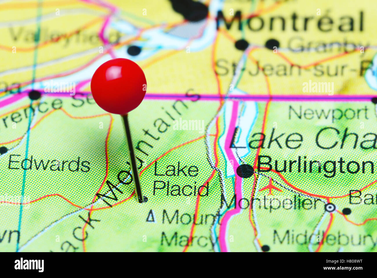 Lake Placid sur une carte de l'état de New York, USA Banque D'Images