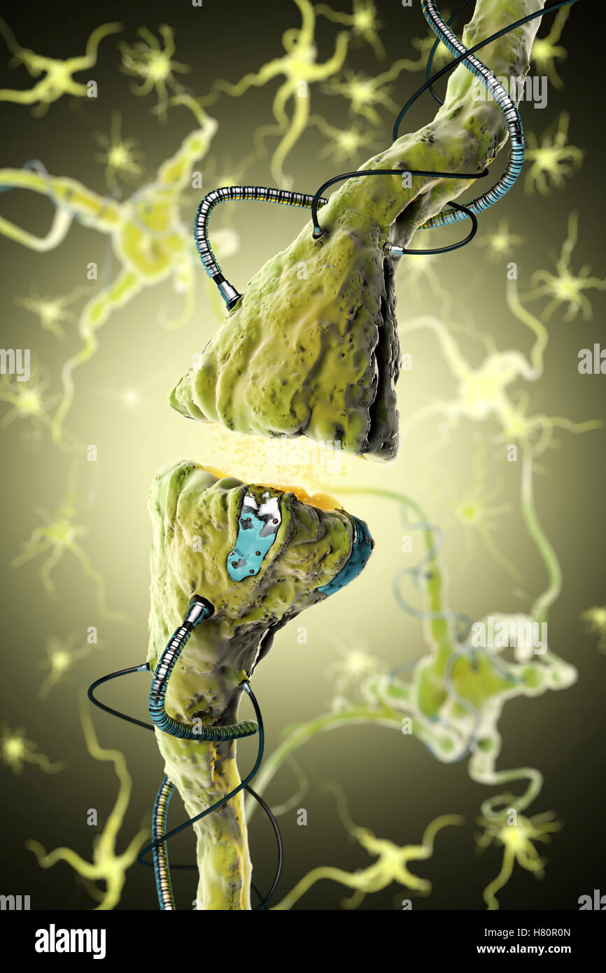 Vue rapprochée d'une synapse humaine qui a été combinée avec la robotique intelligence artificielle Banque D'Images