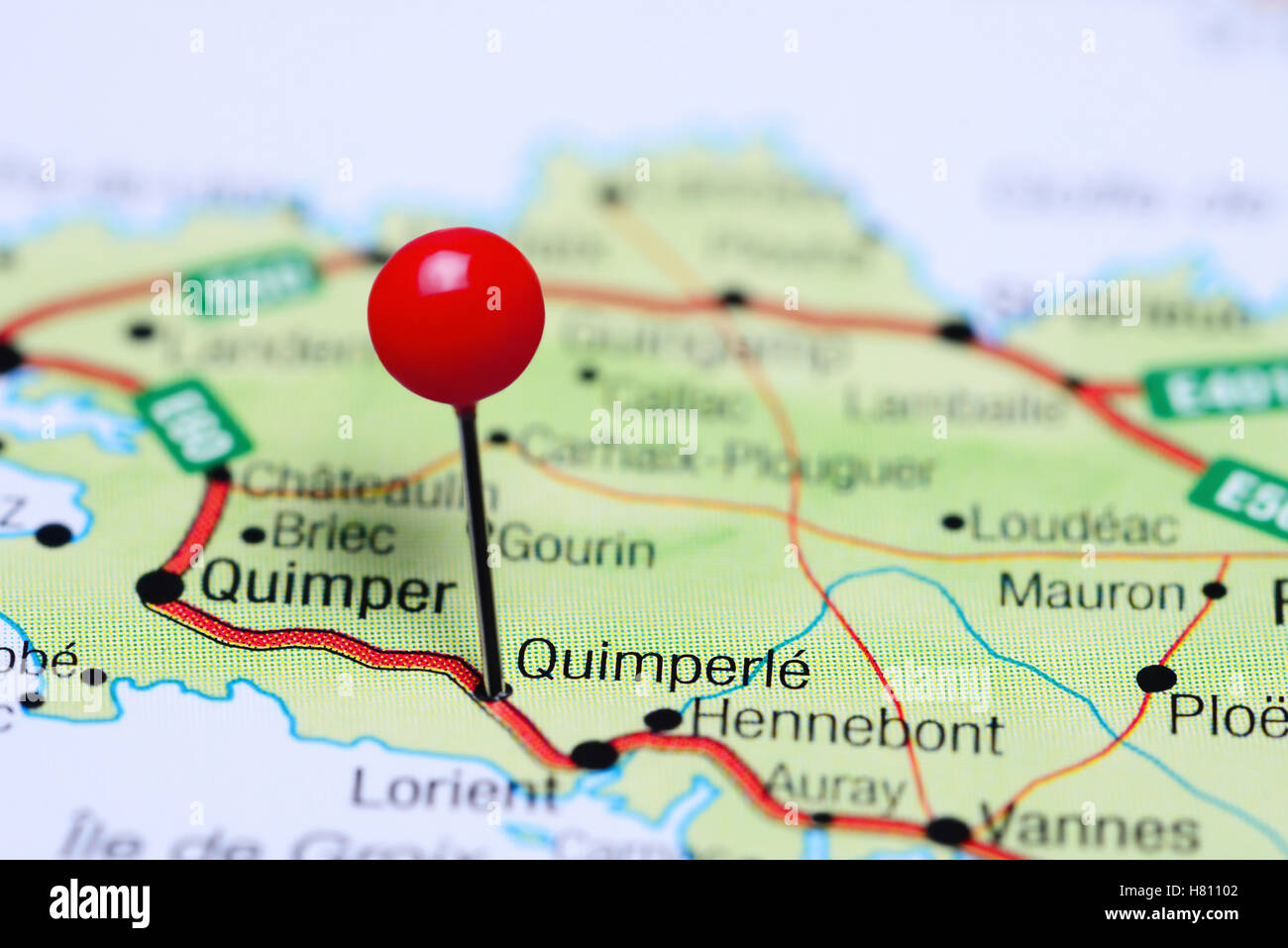 Quimperle coincé sur une carte de France Banque D'Images