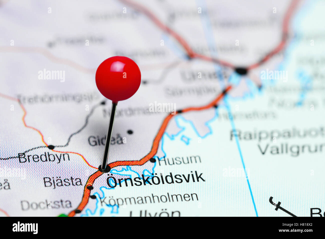 Ornskoldsvik coincé sur une carte de la Suède Banque D'Images