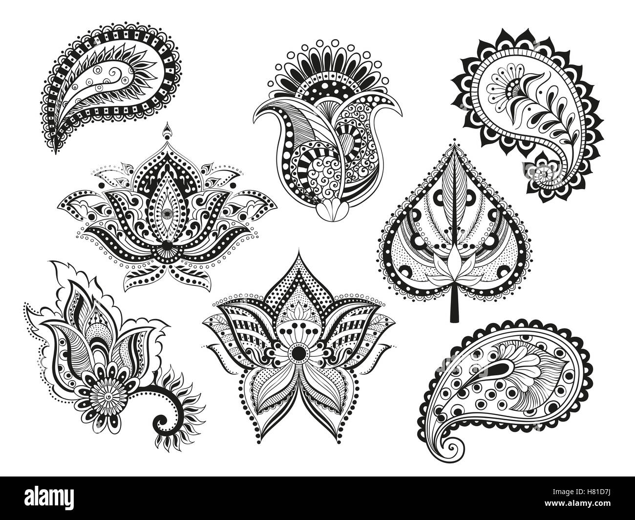 Vector illustration set doodle zentangle fleurs boho paisley indien méditation orientale objet isolé. Pour une coloration isolés Banque D'Images