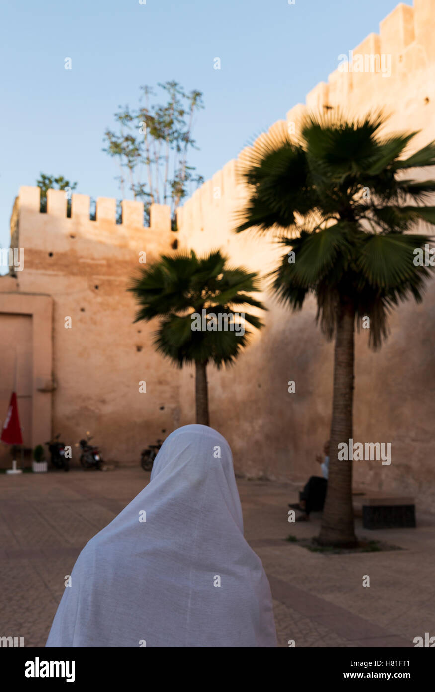 Le Maroc, Meknès, vue sur la ville fortifiée avec une personne et de palmiers Banque D'Images