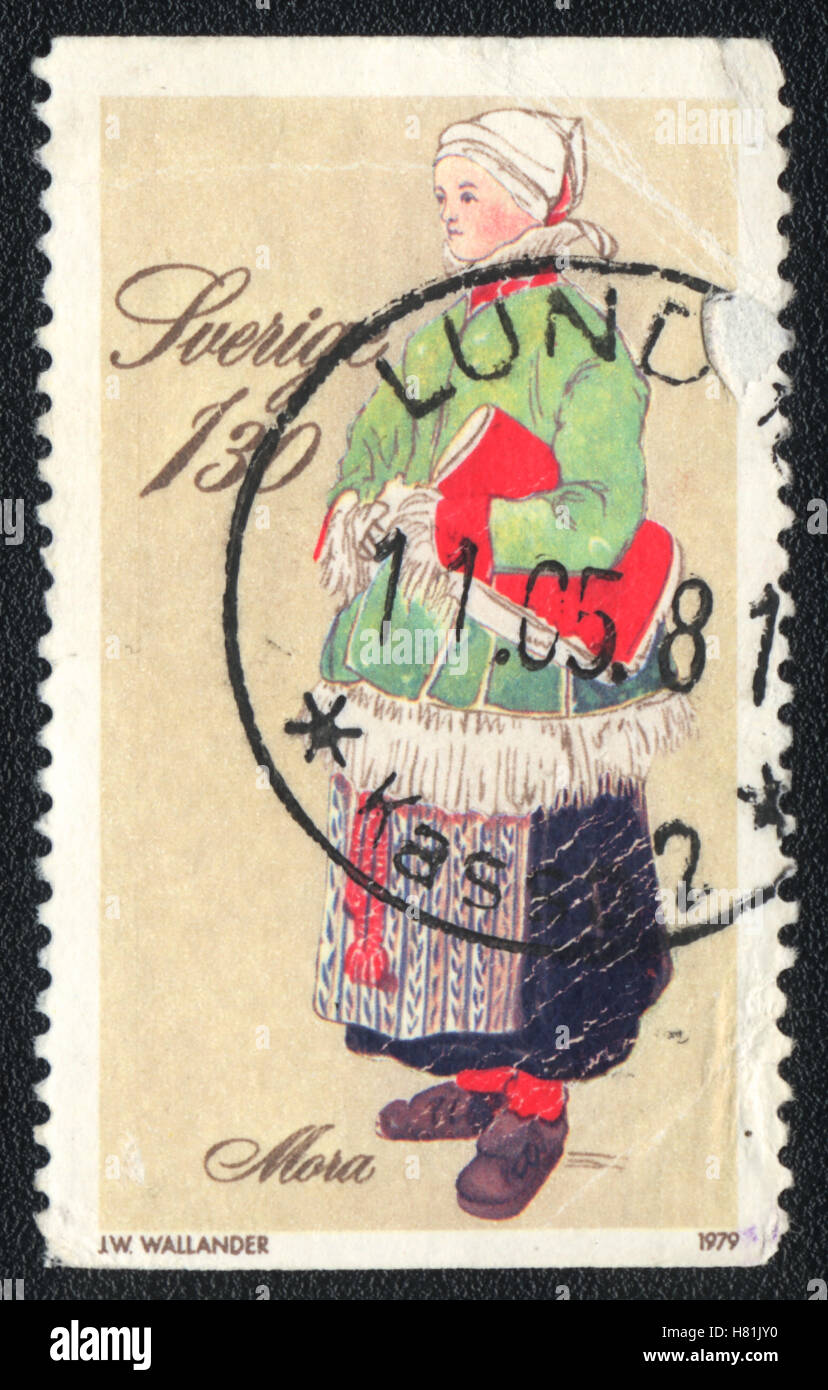 Un timbre-poste imprimé en Suède en 1979, spectacles Peinture de Francis Luis Mora, vers 1981 Banque D'Images