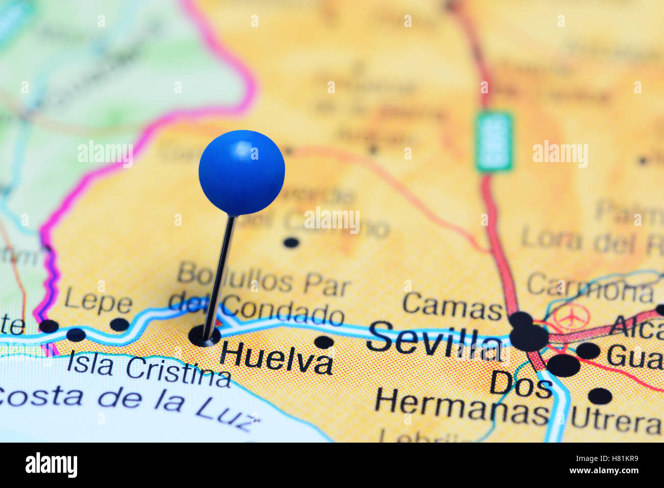 Huelva épinglée sur une carte de l'Espagne Banque D'Images