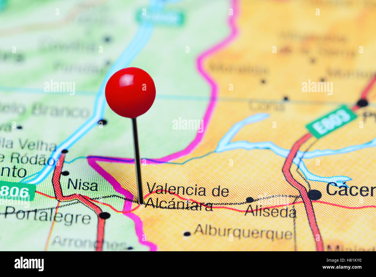 Valencia de Alcantara épinglée sur une carte de l'Espagne Banque D'Images