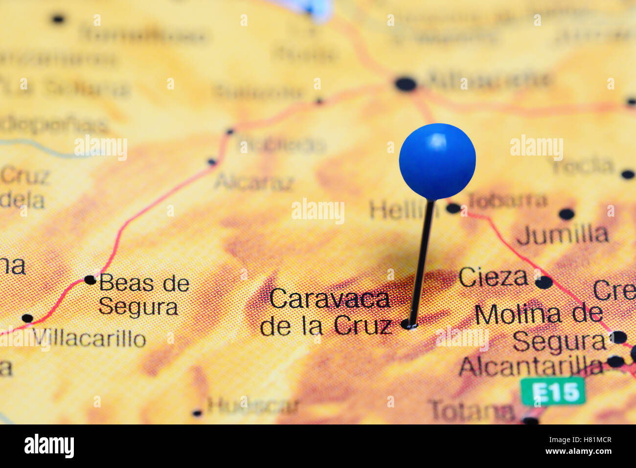 Caravaca de la Cruz épinglée sur une carte de l'Espagne Banque D'Images