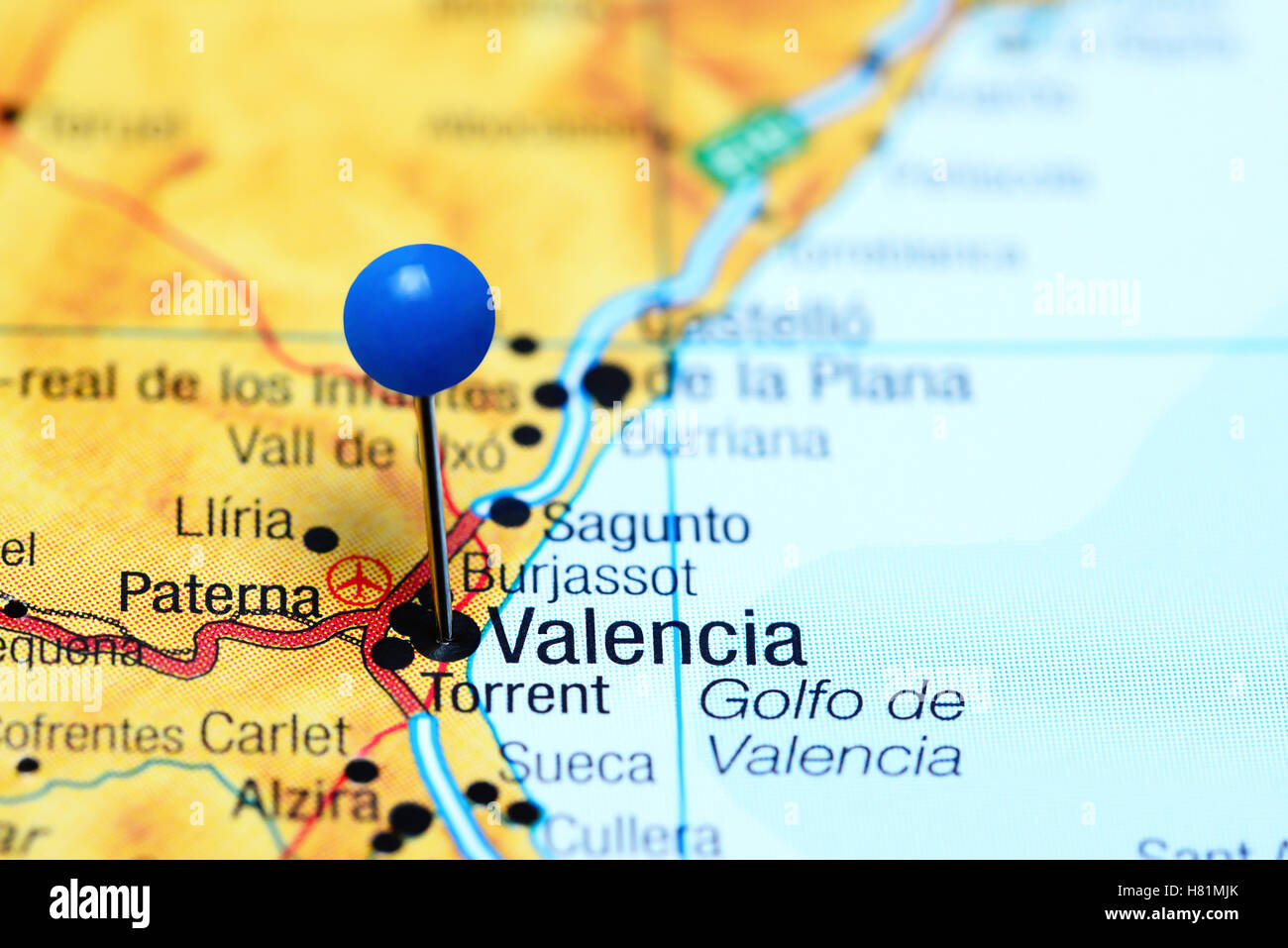 Valencia épinglée sur une carte de l'Espagne Banque D'Images