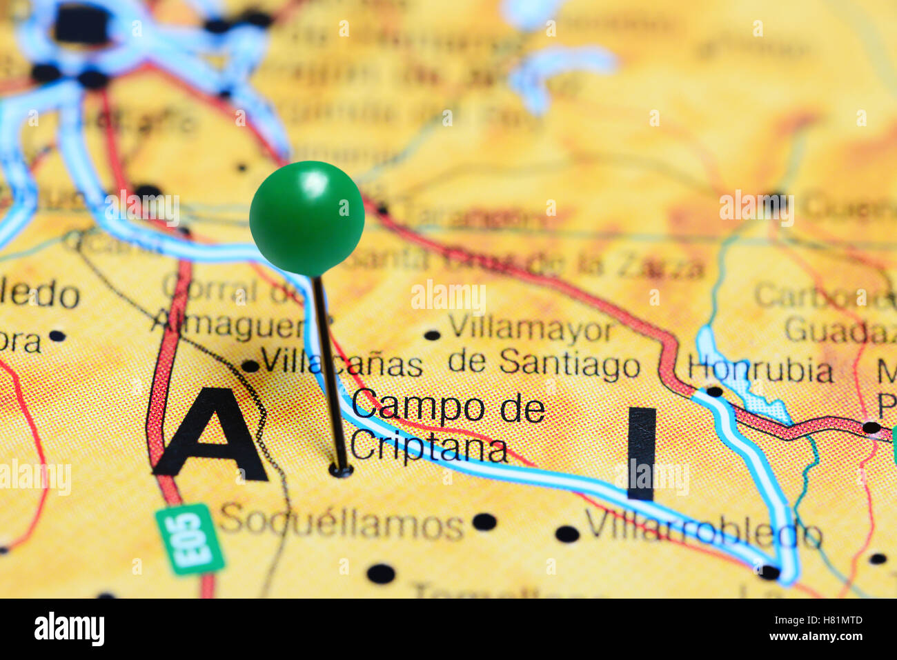 Campo de Criptana épinglée sur une carte de l'Espagne Banque D'Images
