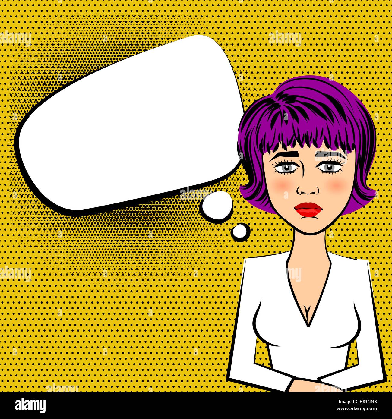 Triste belle femme avec cheveux violet yeux gris style pop art assis à la caméra. Avec des points de fond nuage discours bulle Illustration de Vecteur