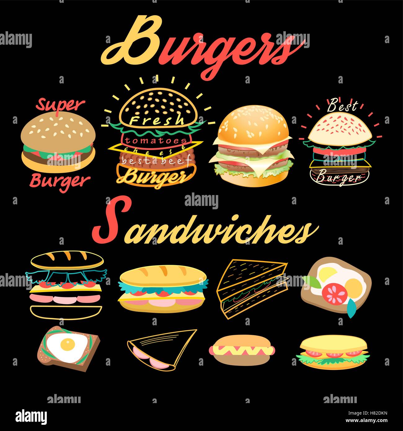 Vector set de hamburgers et sandwiches lumineux sur un fond noir Illustration de Vecteur