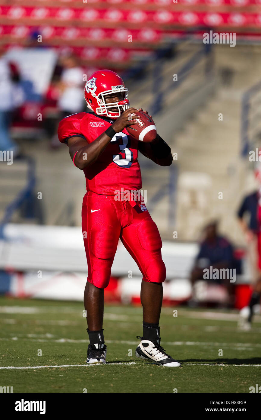 Sep. 18, 2009 ; Fresno, CA, USA ; fresno state bulldogs quarterback ebahn plumes (3) avant le match contre la Boise State broncos à bulldog stadium. boise state défait fresno state 51-34. Banque D'Images