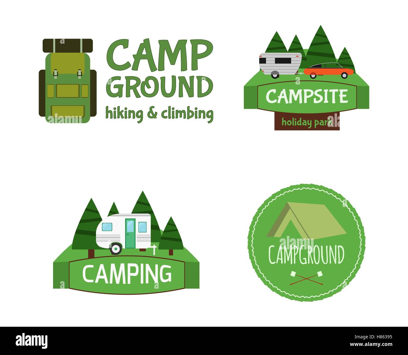 Activité en plein air Tourisme Voyage Vintage Logo modèle de conception d'étiquettes. RV, Forest Park, caravane. Badges Camping style retro concept logo icons set. Vector illustration Illustration de Vecteur