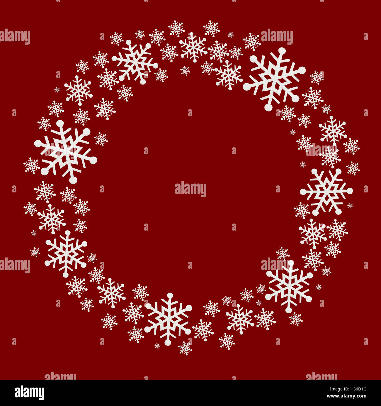 Cadre de Noël avec des flocons de neige sur fond rouge Banque D'Images