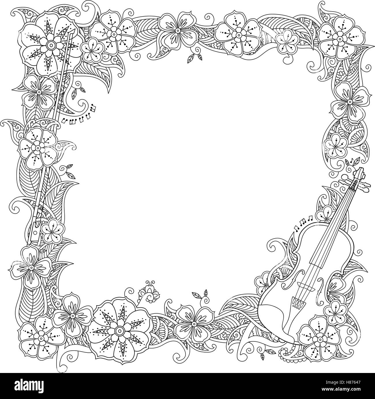 Coloriage - frontière, cadre carré avec violon isolé sur fond blanc Image  Vectorielle Stock - Alamy