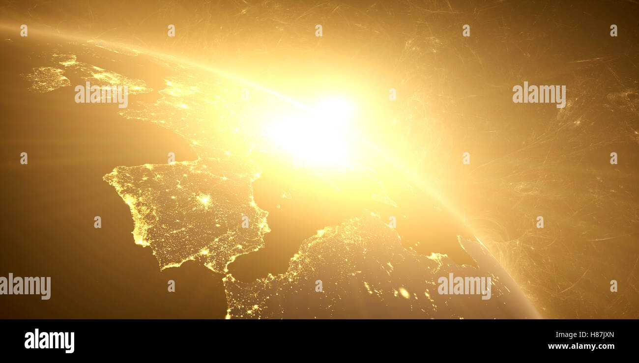 Lever du soleil jaune, sunburst, future terre vue du l'espace, effet lueur jaune. 3D render. Banque D'Images
