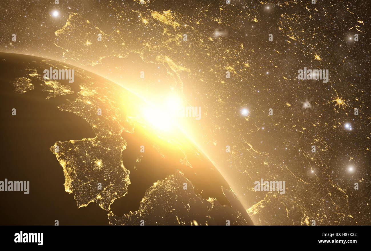 Lever du soleil jaune, sunburst, future terre vue du l'espace, effet lueur jaune. 3D render. Banque D'Images