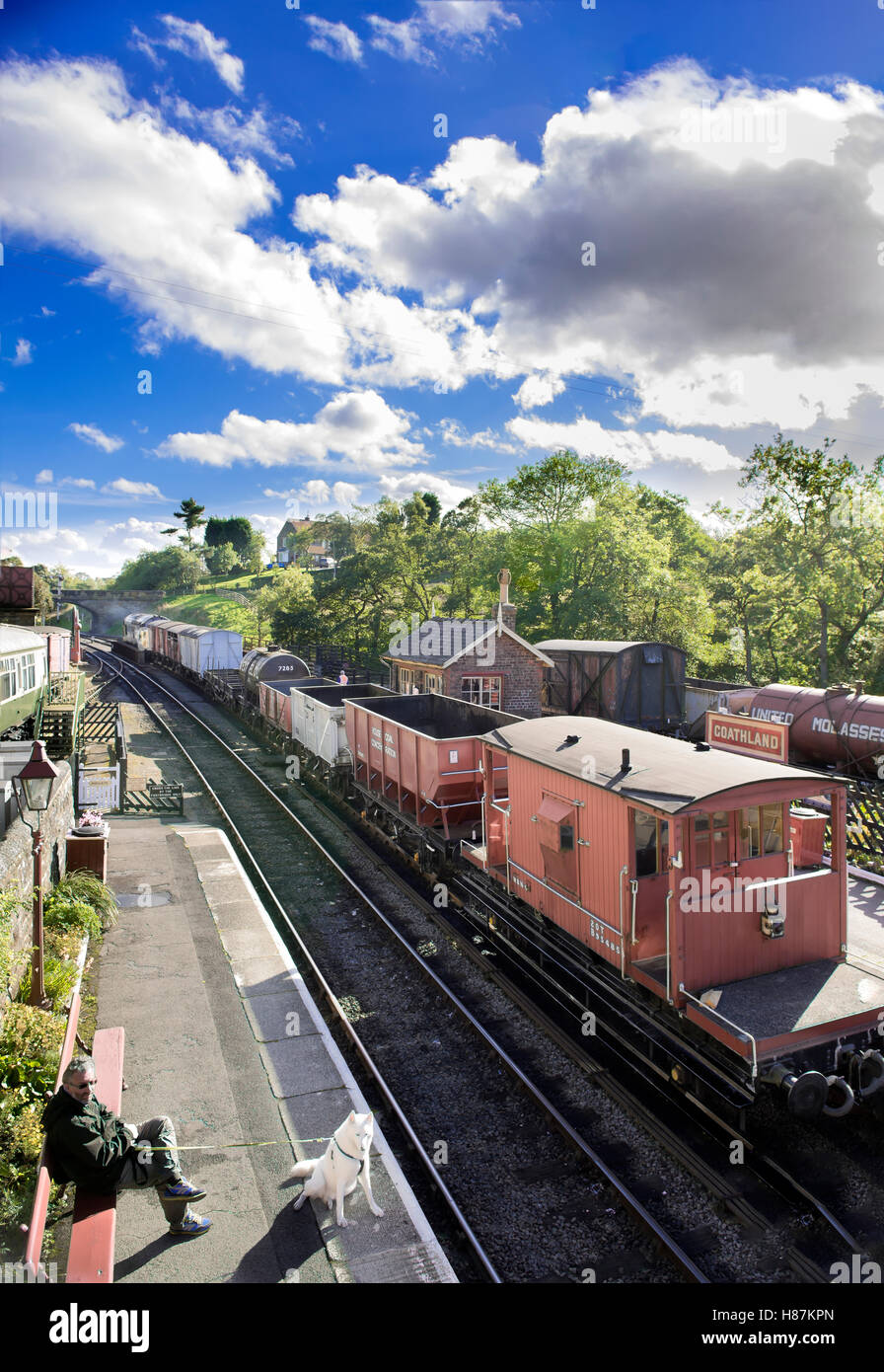 Train de fret sur le North Yorkshire Moors Railway Station Goathland, suivi du patrimoine. Banque D'Images