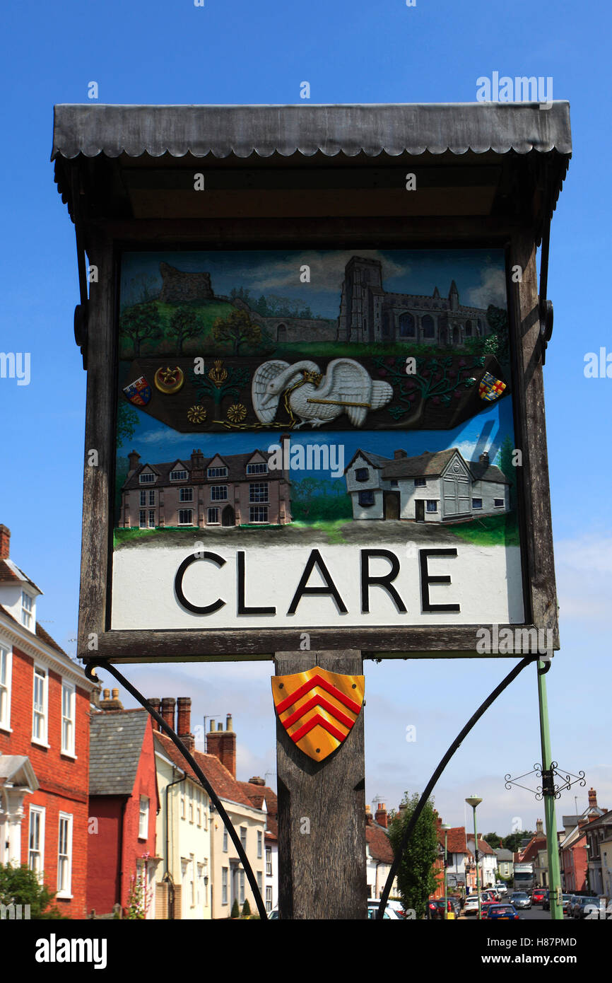 Clare panneau du village, comté de Suffolk, Angleterre, RU Banque D'Images