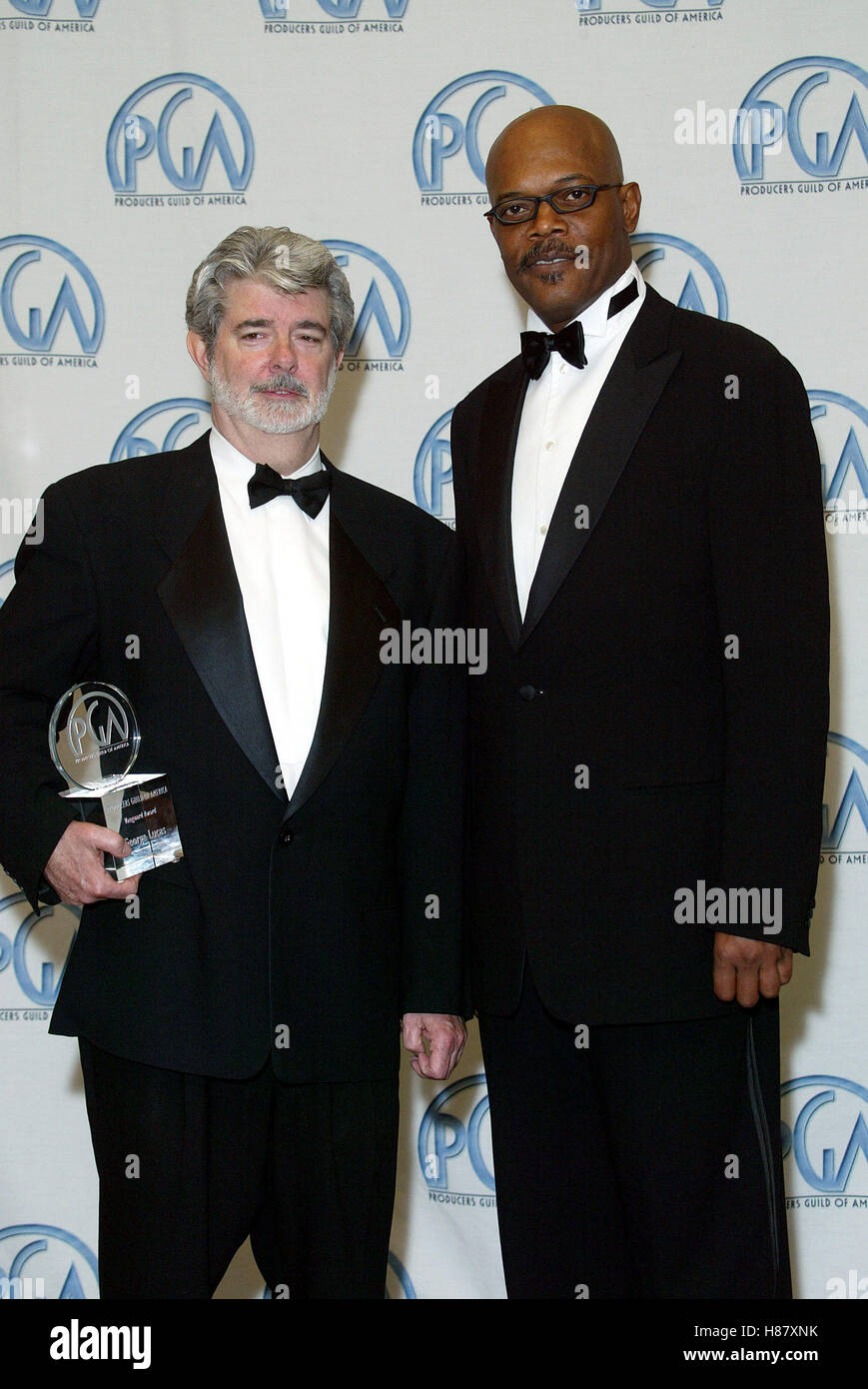 GEORGE LUCAS SAMUEL L. JACKSON 14ÈME PRODUCTEURS GUILD OF AMERICA AWARDS CENTURY PLAZA HOTEL CENTURY CITY LOS ANGELES USA 02 Mars 2003 Banque D'Images