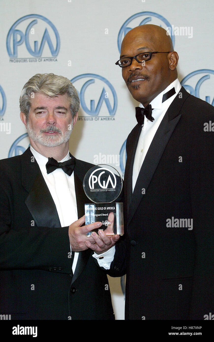 GEORGE LUCAS SAMUEL L. JACKSON 14ÈME PRODUCTEURS GUILD OF AMERICA AWARDS CENTURY PLAZA HOTEL CENTURY CITY LOS ANGELES USA 02 Mars 2003 Banque D'Images