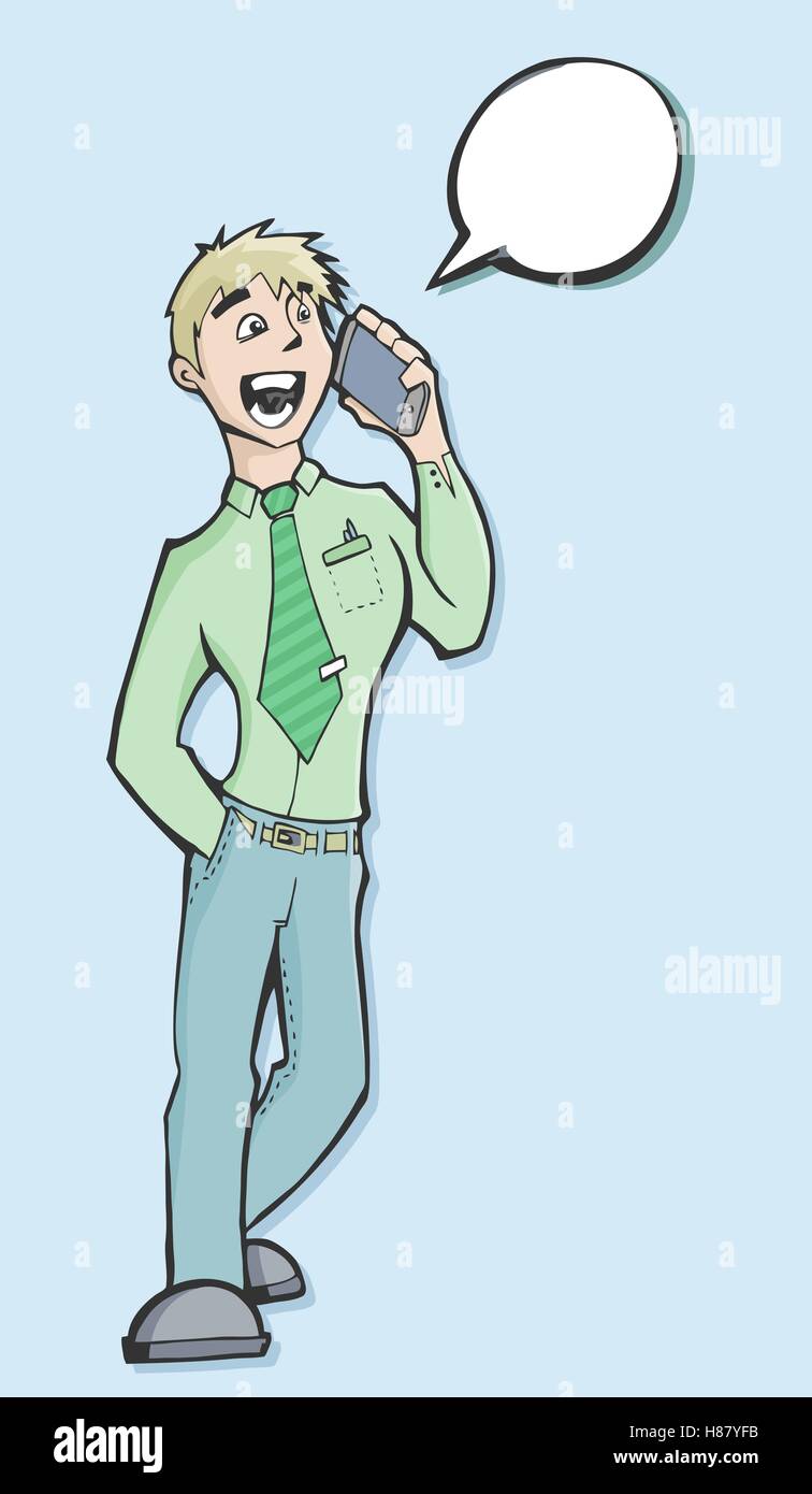 Vector illustration d'un homme d'affaires à parler au téléphone avec un discours ballon et copie espace, vêtu d'une chemise verte et cravate. Illustration de Vecteur
