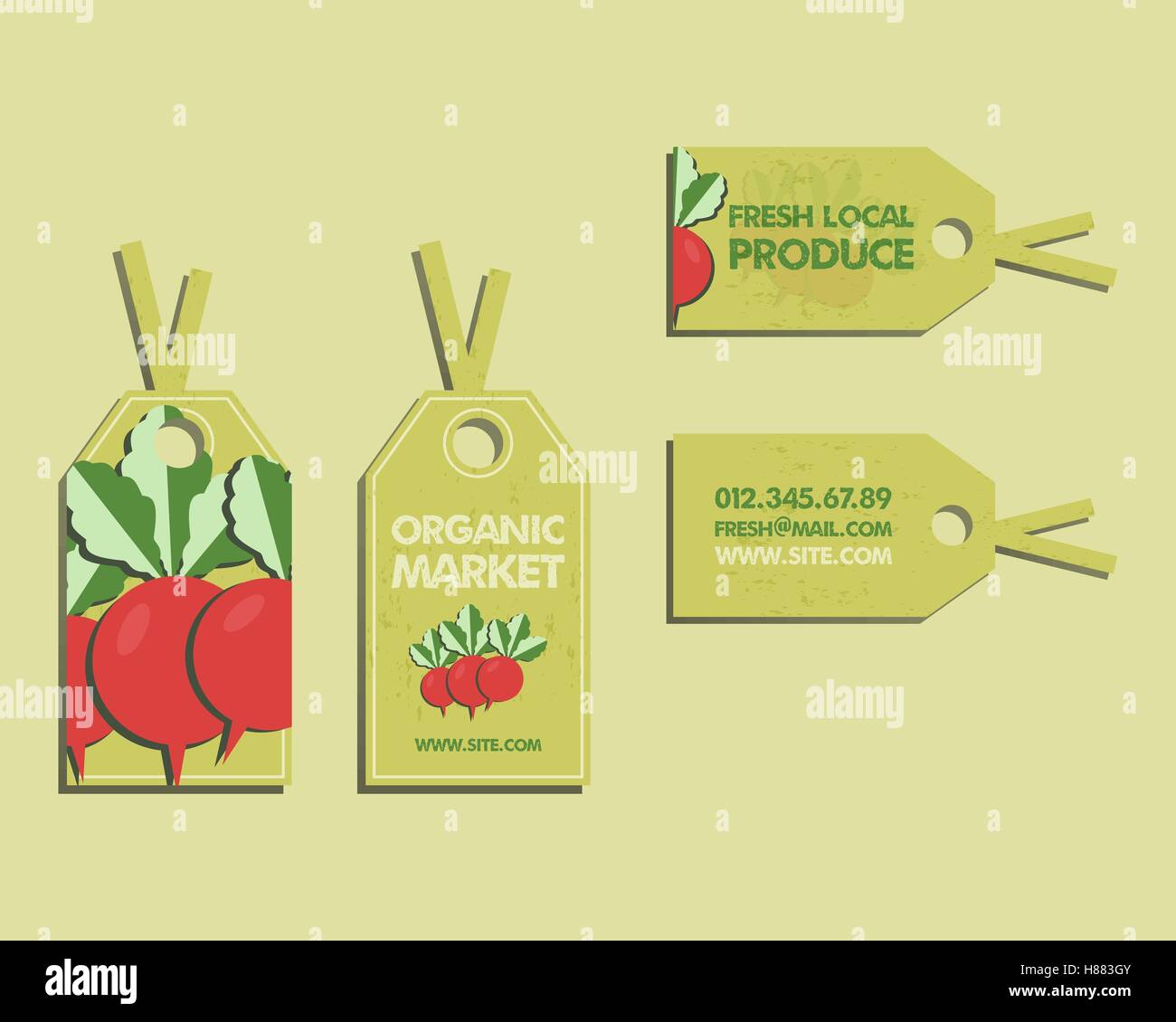 Frais de la ferme d'été, autocollant ou modèle de conception de la brochure avec le radis. La conception de la maquette à l'ombre. Meilleur pour le shop, foires, marchés bio eco et les entreprises locales. Vector illustration Illustration de Vecteur