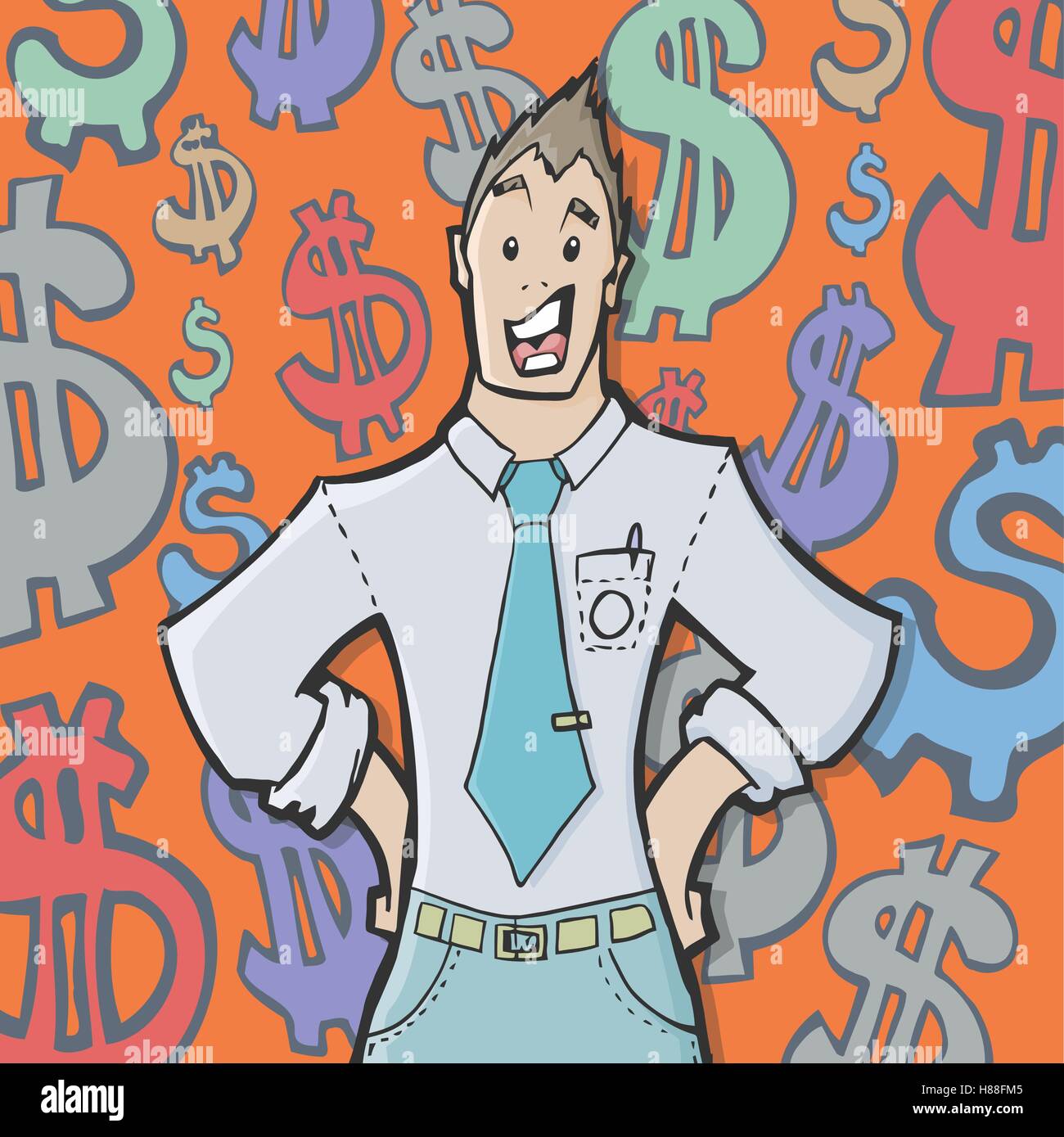 Colorful vector illustration d'un homme d'affaires vente d'une présentation en toute confiance. Habillé en chemise et cravate. Illustration de Vecteur