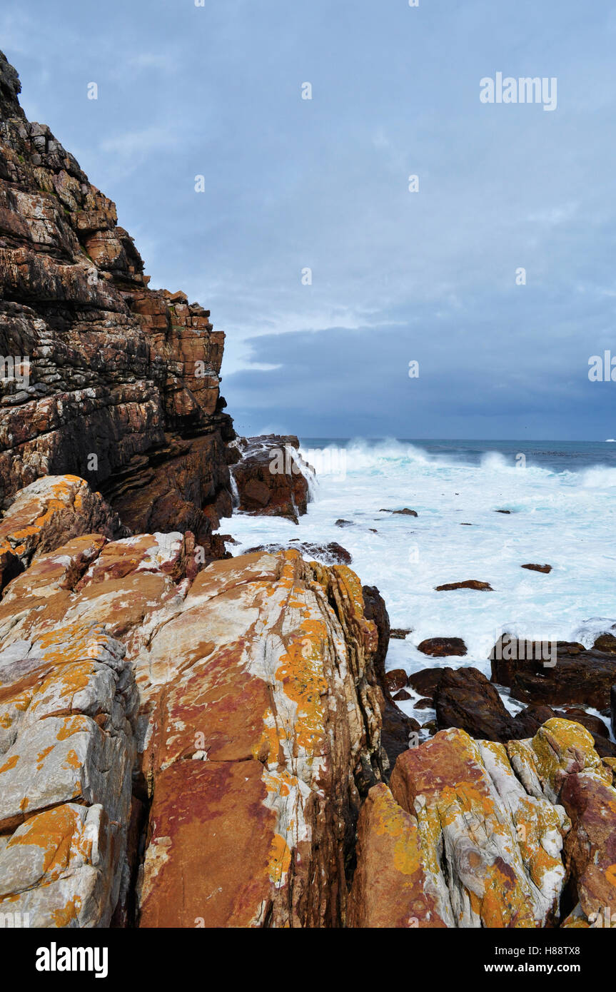 L'Afrique du Sud, au volant du sud : océan houleux et météo à la falaise du Cap de Bonne Espérance, promontoire rocheux sur la côte Atlantique de la péninsule du Cap Banque D'Images