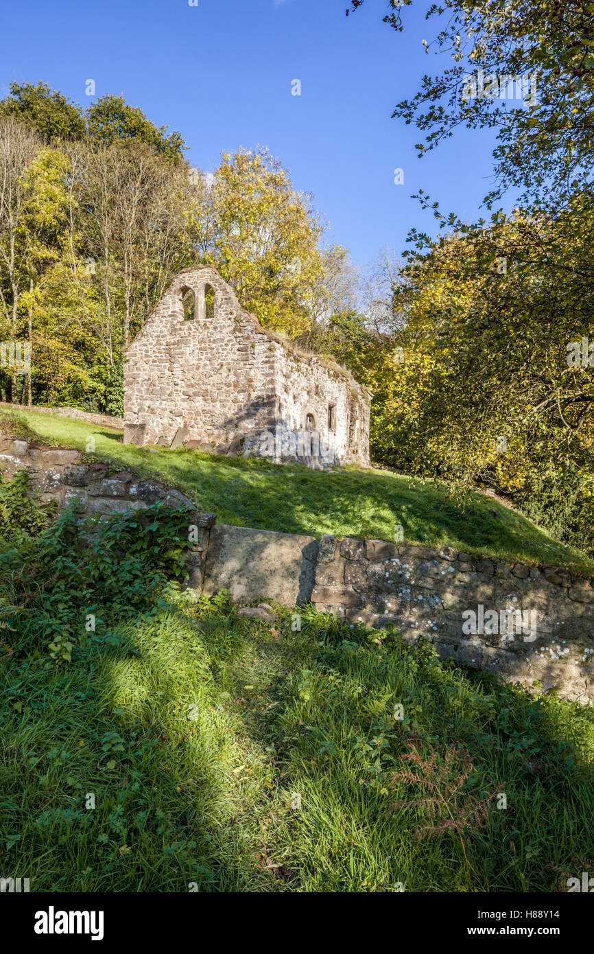 L'automne dans la vallée de la Wye - Les ruines du 12e siècle l'église St James à côté de la rivière Wye à Lancaut, Gloucestershire UK Banque D'Images