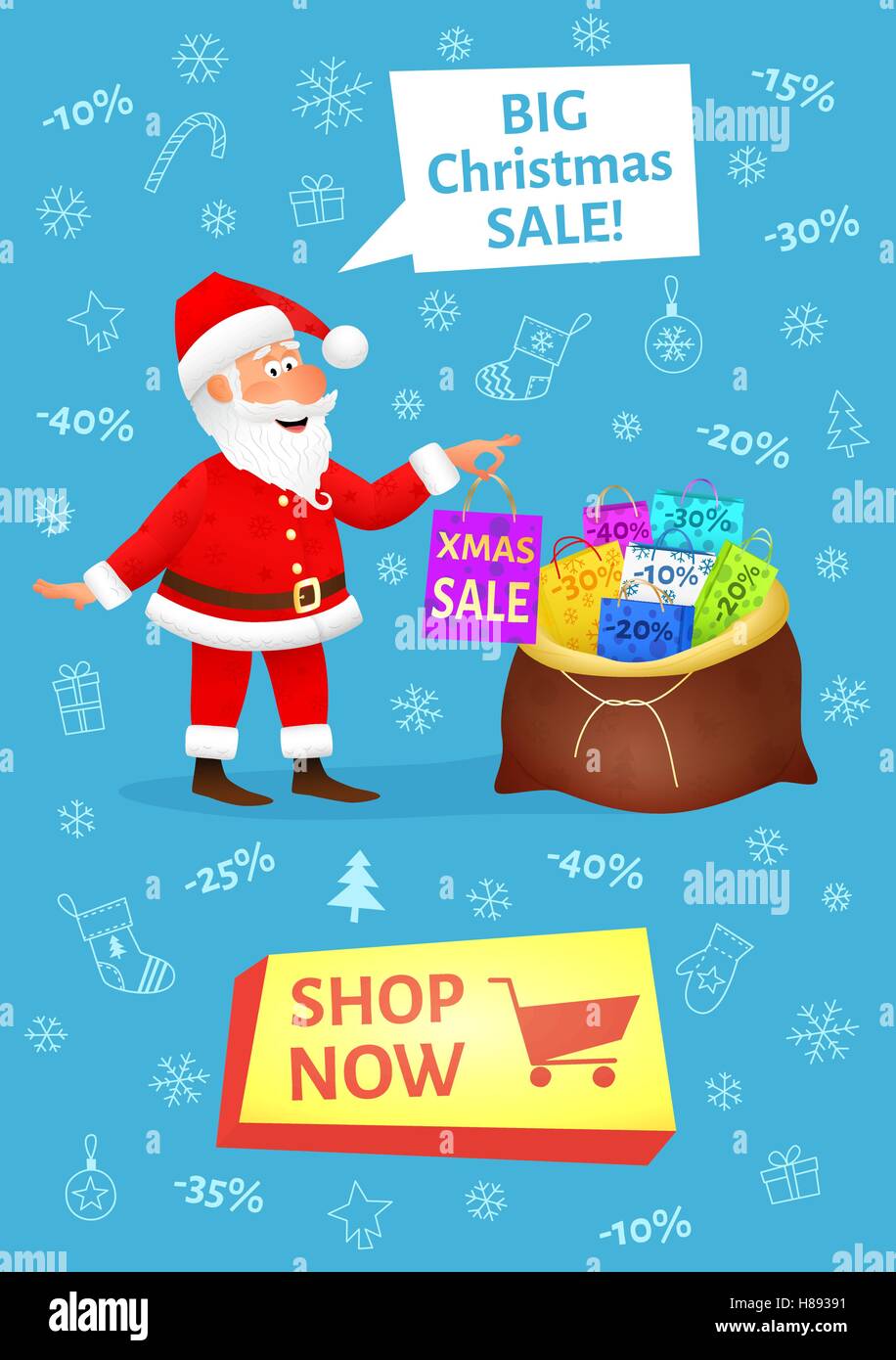 Bannière de Noël avec bouton acheter maintenant. L'affiche de la vente avec une télévision funny old man character holding Shopping bag sur fond de Noël. Di Illustration de Vecteur