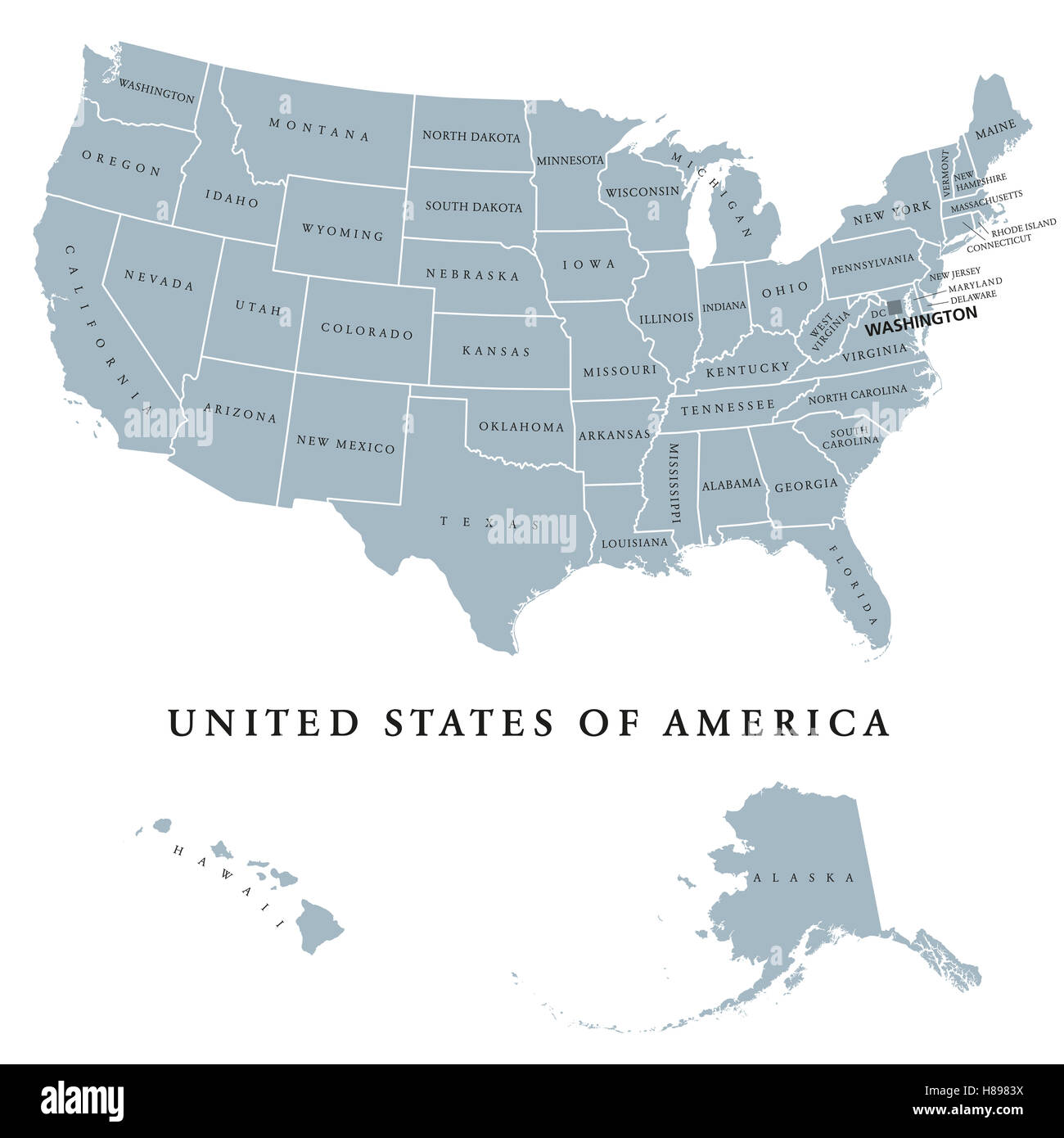 USA United States of America politique tracer avec capital Washington. Les états américains, y compris l'Alaska et Hawaï. Banque D'Images