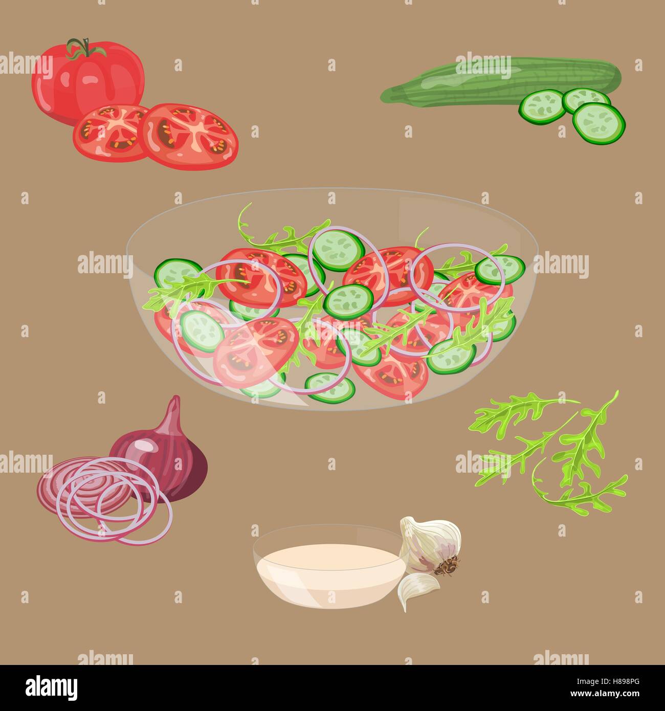 Bol à salade de légumes frais. La tomate, le concombre, l'oignon, l'ail, la roquette. Vector illustration. EPS10. Illustration de Vecteur