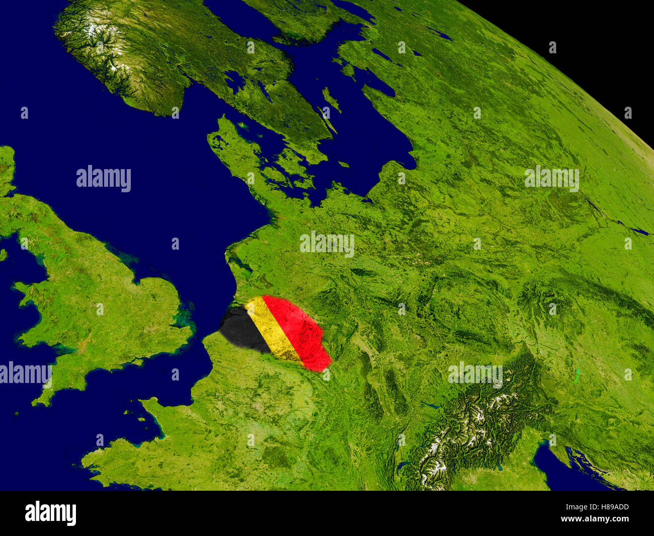 Carte de Belgique avec les drapeaux sur la surface de la planète. 3D illustration. Éléments de cette image fournie par la NASA. Banque D'Images