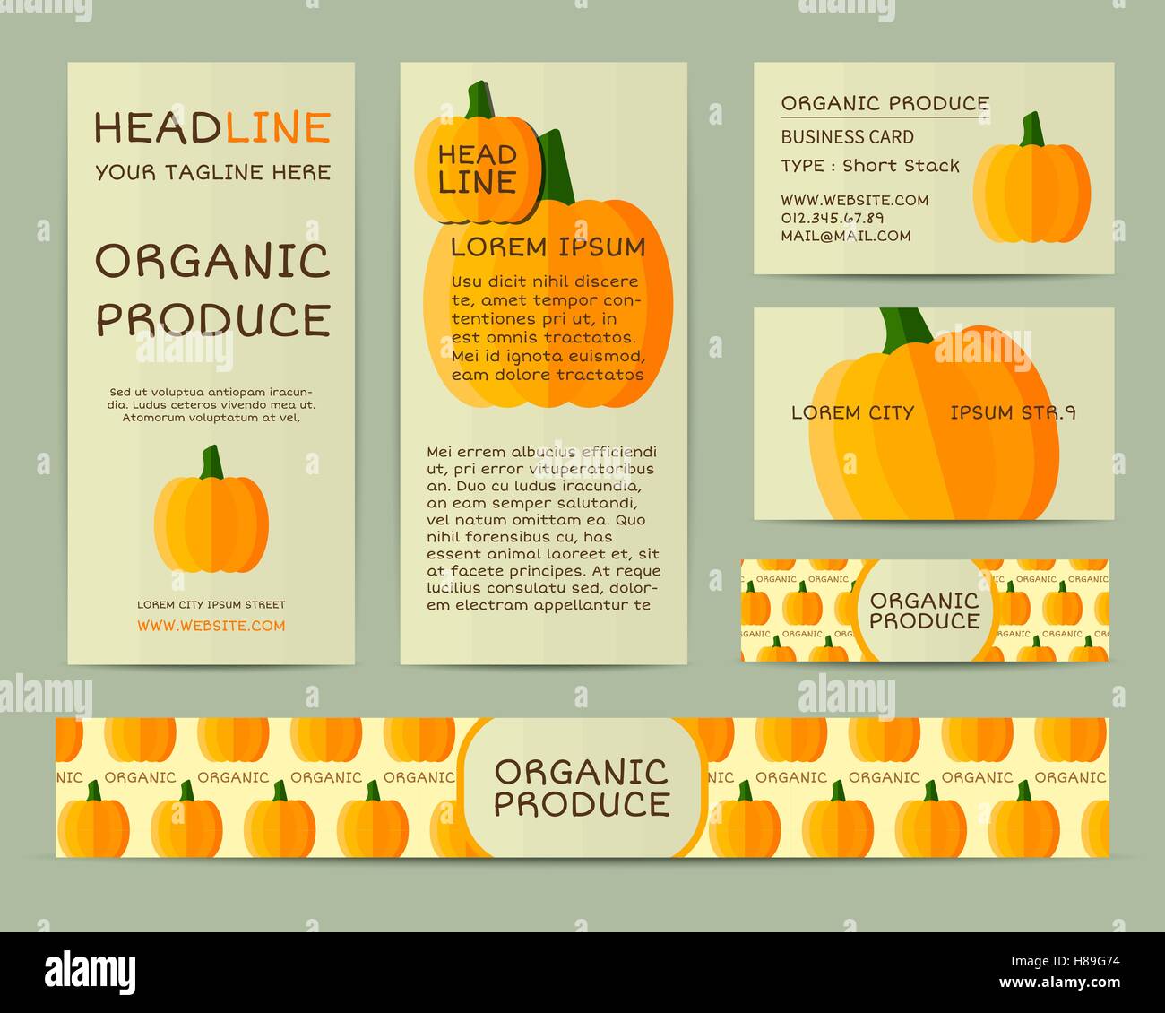 Farm Fresh business entreprise identité design à la citrouille. L'image de marque de votre société organique. La conception de la maquette à l'ombre. Meilleur pour le shop, foires, marchés bio eco et les entreprises locales. Vecteur. Illustration de Vecteur