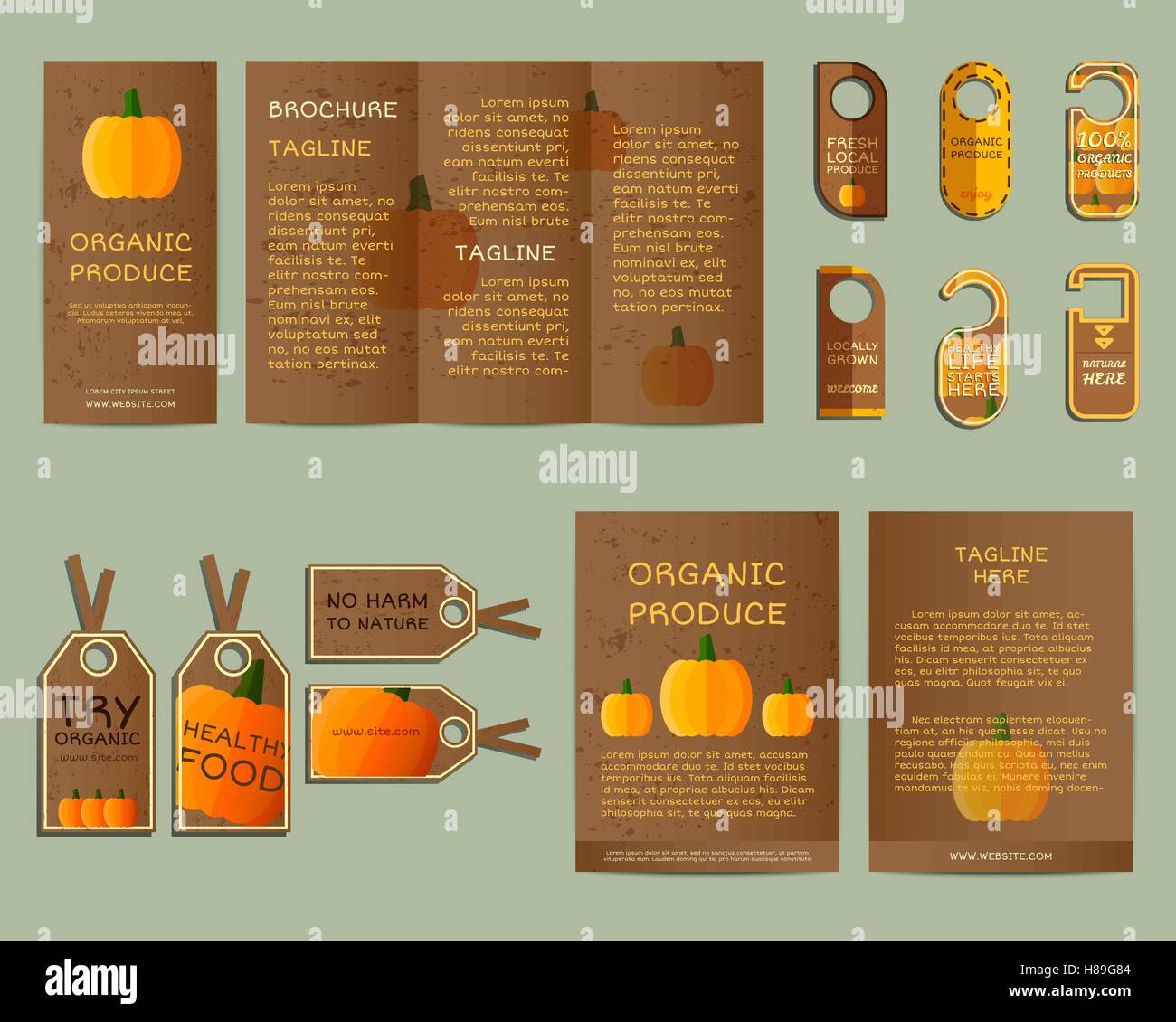Natural business corporate identity design avec des citrouilles. L'image de marque de votre société organique. Brochure. La conception des maquettes. Meilleur pour le shop, foires, marchés bio eco et les entreprises locales. Vecteur. Illustration de Vecteur