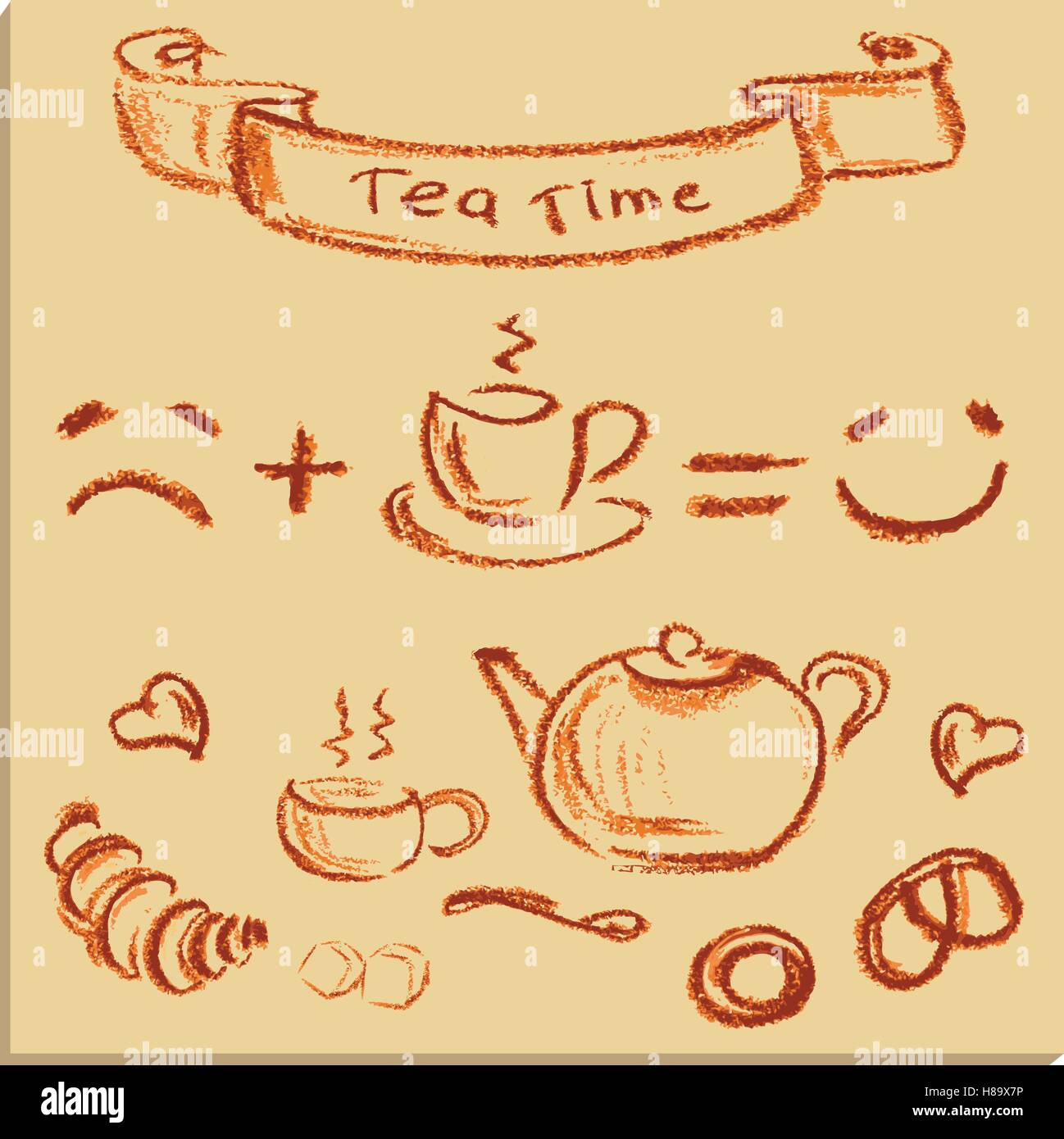 L'heure du thé , Belle illustration vectorielle, dessiné à la main. Illustration de Vecteur