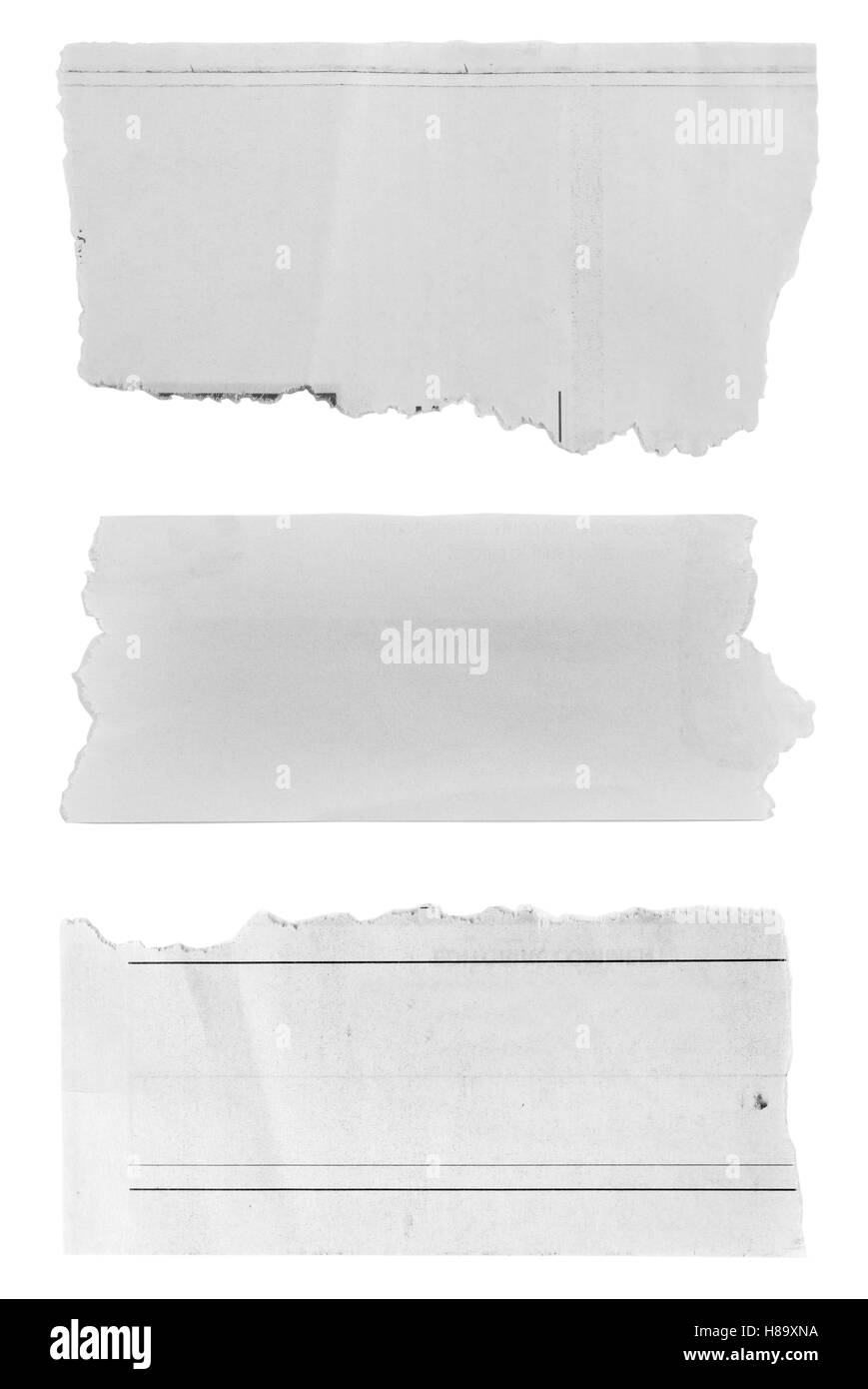 Trois morceaux de papier déchiré sur fond uni Banque D'Images