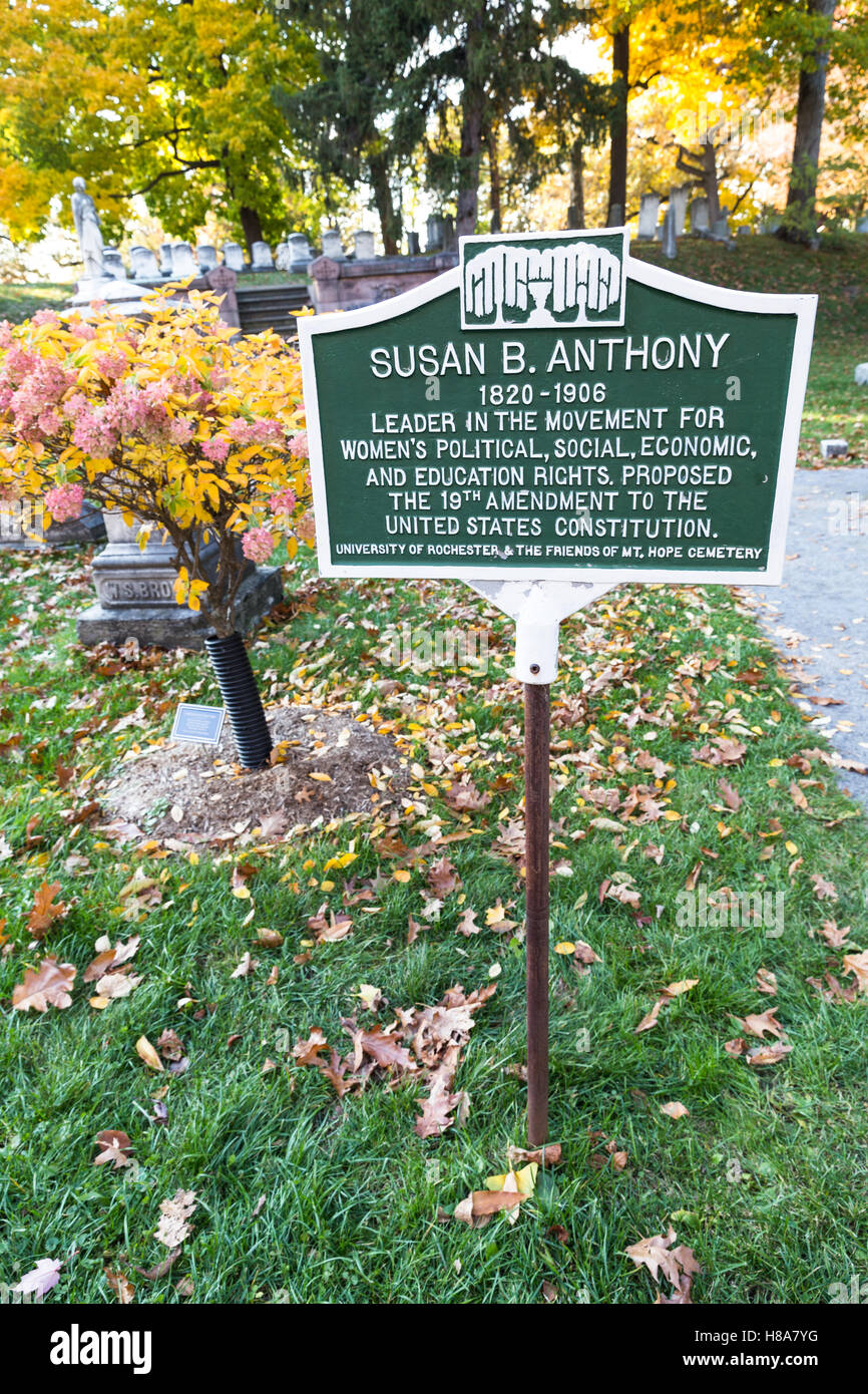 Susan B. Anthony leader du mouvement des droits des femmes les informations de connexion situé dans Mt Hope Cemetery à Rochester New York, USA. Banque D'Images