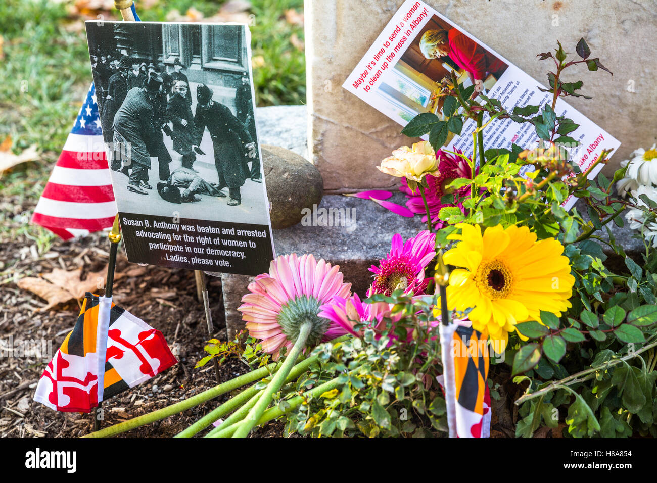 Susan B. Anthony Droits des femmes couvertes de pierre tombale leader de l'élection présidentielle de 2016 brochures, drapeaux et de fleurs. Banque D'Images
