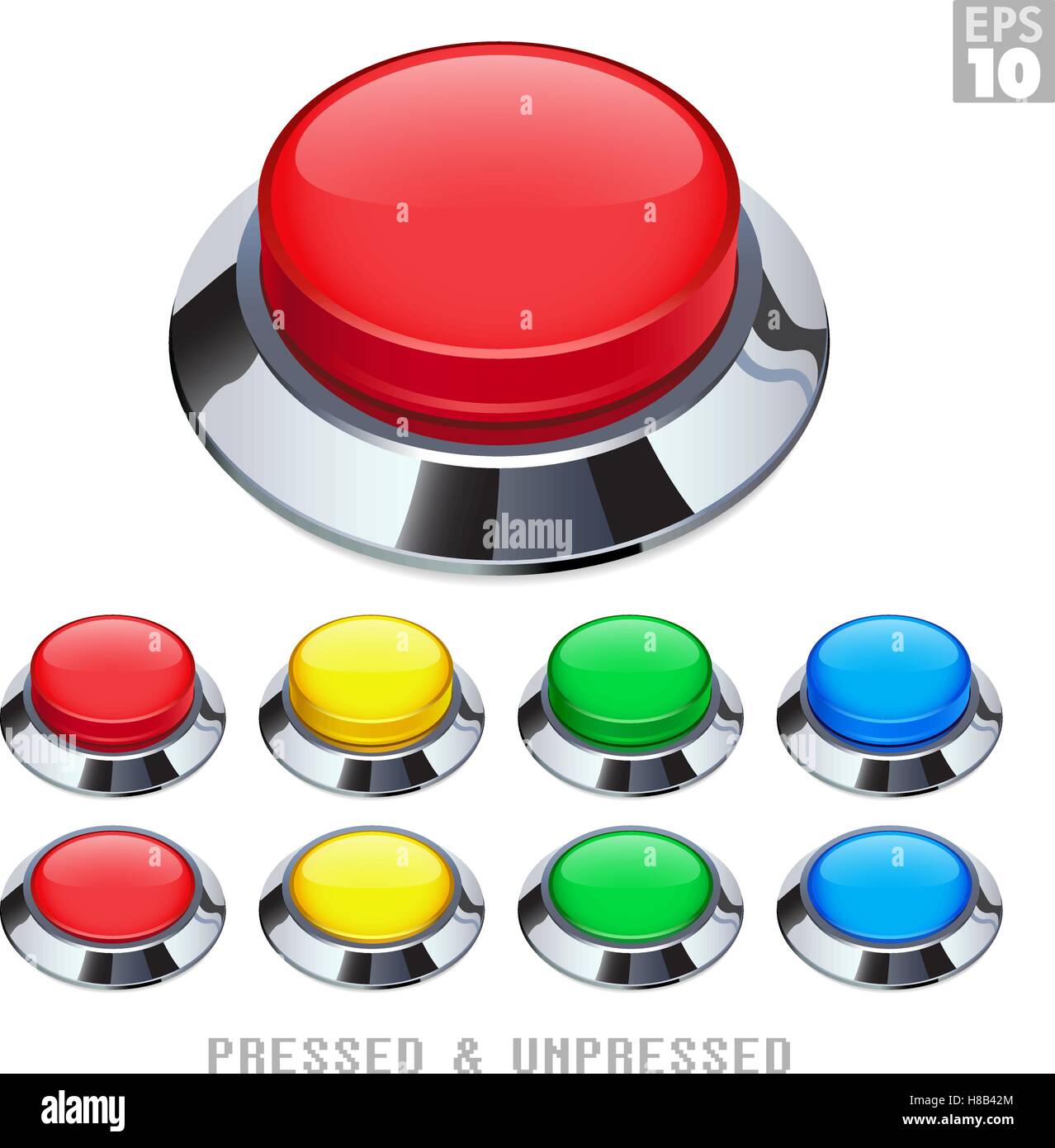 Les boutons-poussoirs d'arcade avec enjoliveur chromé appuyé et différentes couleurs de vache Illustration de Vecteur