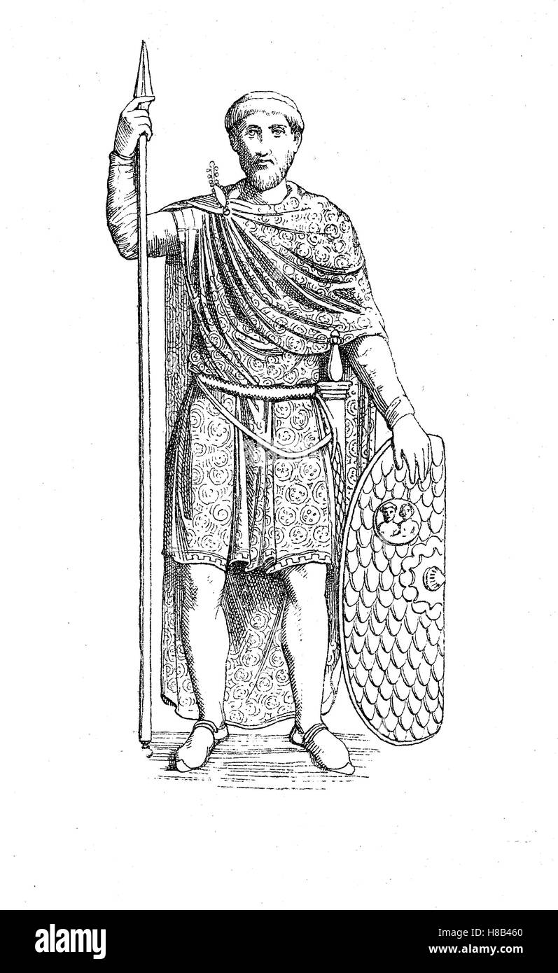 Aetius impériale, cinquième siècle, dans un costume romain tardif avec tissu à motifs, histoire de la mode, des costumes story Banque D'Images