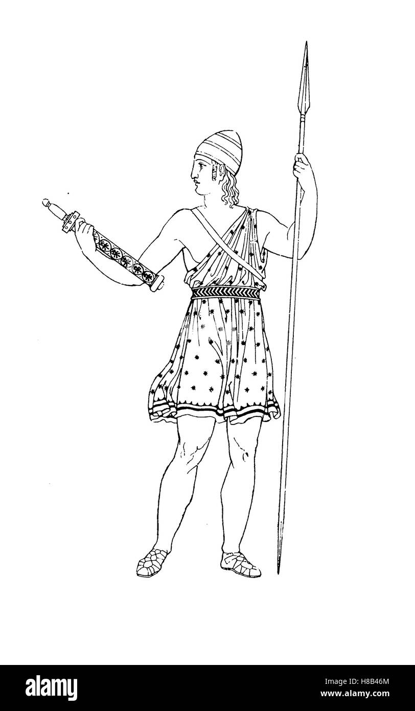 Grèce, guerrier avec arme, vêtu d Eromis, après un vase peinture, histoire de la mode, des costumes story Banque D'Images